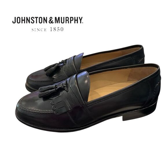 New Johnston & Murphy Black Leather Slip-on Men\'s Tassel Loafers 7.5 7.5M